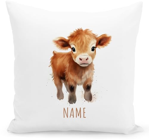 DEL MÀ Unique & Personal Kuh Kissen personalisiert mit Namen Kinderkissen Kuschelkissen Kinder Kühe Geschenk Kinderzimmer Deko Junge Mädchen Zierkissen Dekokissen 40x40 cm inkl. Füllung und Bezug