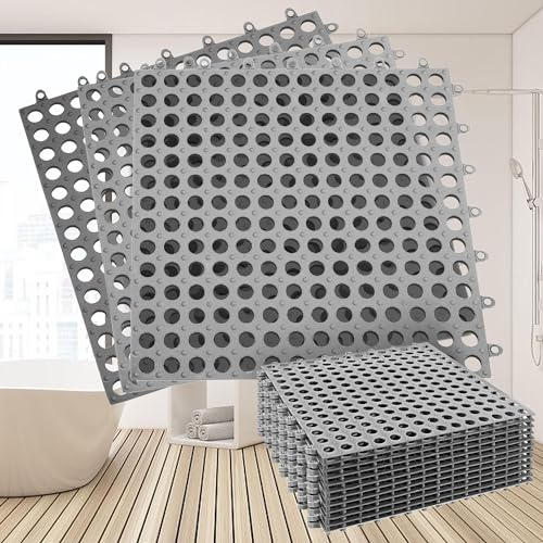 Lot de 12 carreaux de sol en caoutchouc souple antidérapant pour salle de bain, terrasse, drain, piscine, patio, balcon, niche, 30,5 x 30,5 cm, gris
