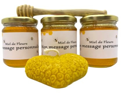 3 Miel de fleurs 250 grs français avec VOTRE MESSAGE PERSONNALISE + 1 Cuillère en buis artisanale + une bougie