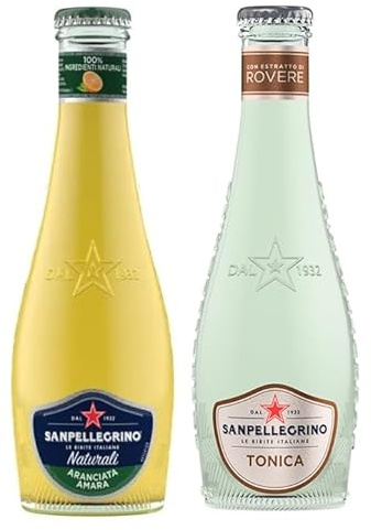 San Pellegrino Aranciata Amara Lot de 48 boissons sans alcool avec orange amère + bouteille en verre jetable Tonica Rovere 20 cl