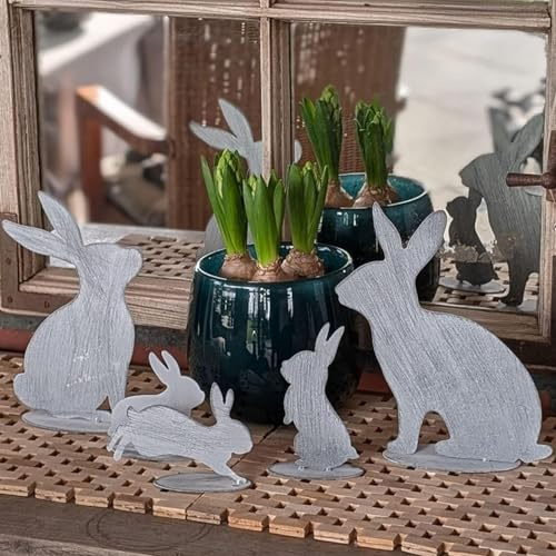 Storm's trädgårdsförtrollning, påskhare, dekorationsset, 5-delad kaninfamilj, snygg påskdekoration för trädgård och bord, moderiktigt grått, metall, shabby look