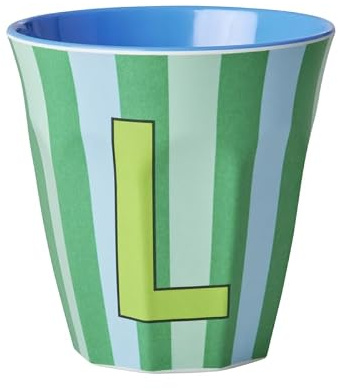 RICE Melamin Becher medium gestreift mit Buchstaben, Modell fr Jungen blau/grn/mint- T