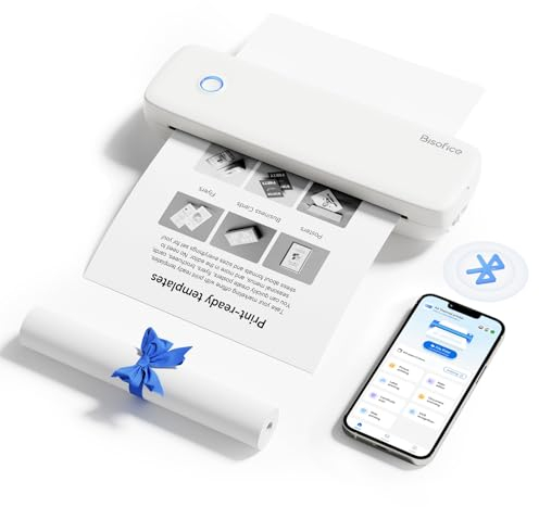 Bisofice L81-300DPI Stampante Termica Portatile A4, Monocromo Stampante Bluetooth per Cellulare, USB per PC, Monocromo e Senza inchiostro, per Ufficio, Viaggi, Studio, Casa, Bianco