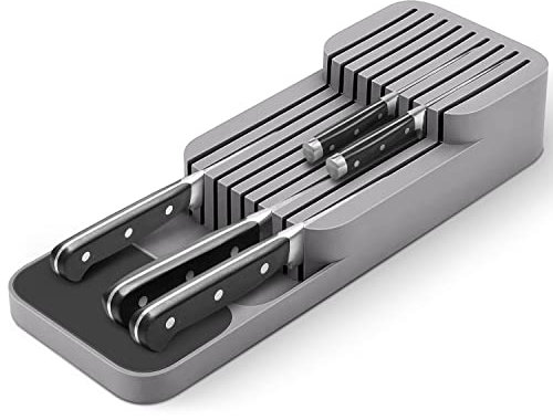 Knife Organiser, Kitchen Knife in-Drawer Organizer for 9 Knives, Compact Durable Safety Space-Saving, Washable Drawer Knife Holder Block Organiser for Knives Set Storage, Grey