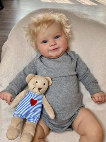 MineeQu 24 Zoll Süßes lächelndes Wurzelhaar Blondes Haar Lebensechte Reborn-Baby-Puppen echt Aussehen und Sich echt anfühlen Realistischee Neugeborenen-Kleinkind-Sammelpuppe beschwertem Stoffkörper