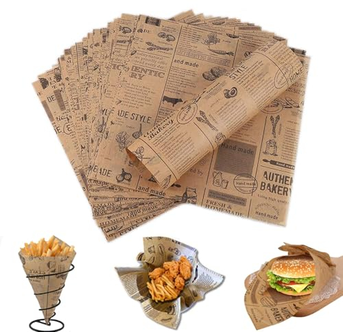 100 Blätter Deli Backpapier für Korb, Großformat 38x28cm, Ölbeständiges Mattierungspapier für Burger, Pommes, Butterbrot, Käse, Wrap