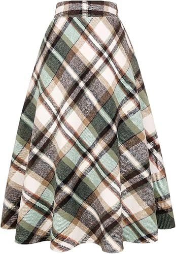 Women's High Waisted Midi Skirts Vintage Plaid A Line with Pockets