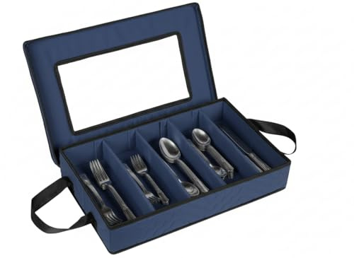 Flatware Storage Case - Durable 5 Compartment Silverware Storage Container Box with Removable Lid and Easy to Carry Handles - Large Capacity Keeps Your Cutlery Organized & Protected - Blue