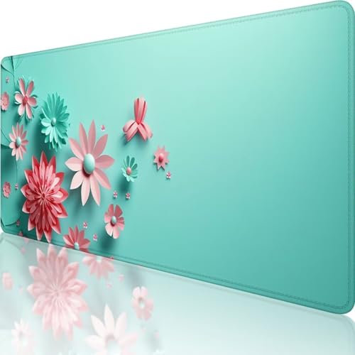 Blau Mauspad XXL 800 x 300, Erweiterte Groß Mousepad Blume, Wasserfest Schreibtischunterlage Vernähte Kanten Design, Mouse Pad mit rutschfeste Gummibasis für Pc Büro Deko, Geschenke für Frauen 1-5