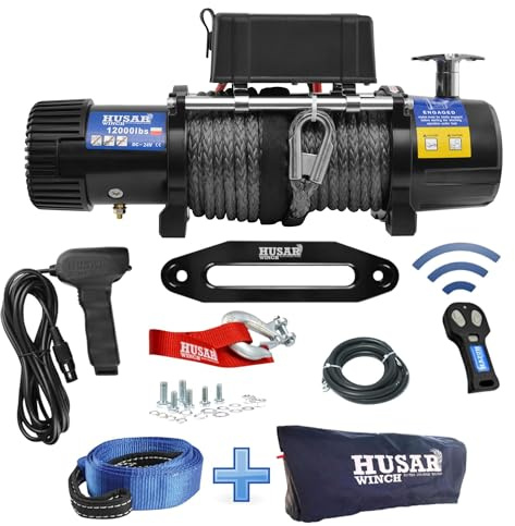 Husar Winch Elektrische Seilwinde 12000 lbs | 5443 kg 24V mit 26 m x 10,2 mm Synthetikseil, Funkfernbedienung,3-stufigem Planetengetriebe,Offroad-Seilwinde für 4x4,SUV,Geländewagen und Fahrzeugbergung