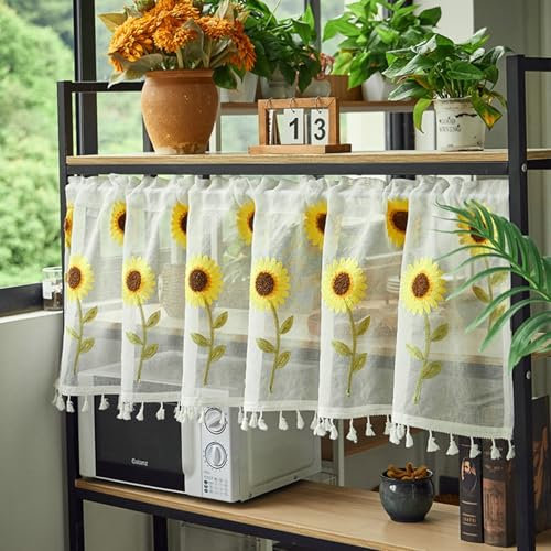 Wycian Gardine Kurz Boho Vorhänge Kurz Blau Voile 1er Stickerei Sonnenblumenmuster H60 x B150 cm (1er) Polyester