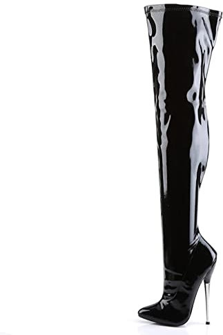 Damenmode-Stiefel, 18 cm, Metall-High-Heel-Schuhe, große Größe, spitz, feiner Absatz, SM-Lackleder, Queen-Pole-Dance-Stiefel, über das Knie verlängert