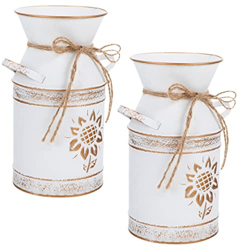 Alipis 2pcs Milk Pot Flowerpot Vintage Rustic Chic Iron White Outdoor Garden Home Decor Vase for Flower Arrangement