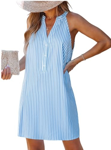 CUPSHE Women's Striped Halter V-Neck Button Up Shift Mini Dress Blue, S