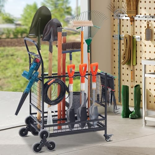Lauren&Harold Garden Tool Organizer for Garage, Yard Tools Storage Rack with 2 Stair-Climbing Wheels, Gardening Tool Storage Holder for Garage, Yard, Lawn and Outdoor, Garden Tool Rolling Cart