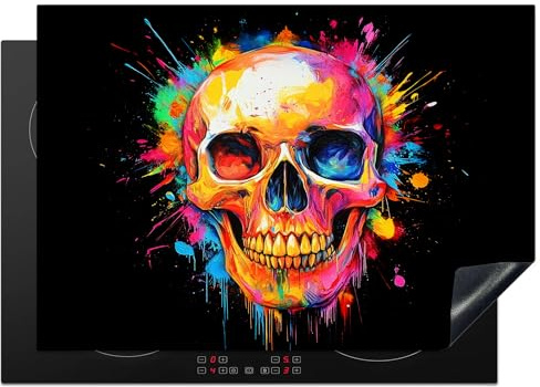 KitchenYeah© Herdabdeckplatte 75x52 cm Einteilig Ceranfeld Abdeckplatte Küche Deko Ceranfeldabdeckung Herdabdeckung Induktionsmatte Totenkopf - Graffiti - Schädel - Bunt