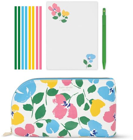 kate spade new york Desk Essentials Etui-Set aus veganem Leder mit Stift, Notizblock und Textmarker-Klebebandstreifen (Painterly Bouquet)