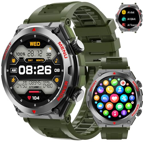 Military Smart Watch for Men With AI Q&A (Answer/Make Call/SMS Reply), 1.52 HD Smartwatch for Android Phones/iPhone, 100+ Sport Mode Fitness Tracker with HR, SpO2, Sleep Monitor, IP68 Waterproof