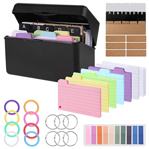 Zyluniy Karteikarten Box, Lernkarteibox, karteikastenbox mit 150 Bunt 6-farben Karteikarten 100 Weiße Klebezettel 15 Register 6 Aufkleber 6 Ringen 8 Farbige Kreise 1 Haftnotiz, für Schule Büro Zuhause