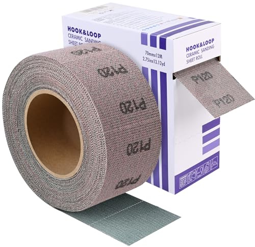 Shineboc 120 Grit Hook and Loop Sanding Roll, 70 mm x 12 m Mesh Sandpaper | Zirconia Alumina, Self-Adhesive Backing, Anti Clogging, Pre-Cut, Heat Resistant, Multi Material Application, Quick Removal