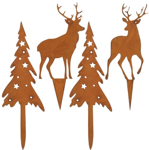 JOFONY Elch mit Tannen Rost Weihnachtsdeko 4er Set, Weihnachten Gartenstecker in Rostoptik, Hirsch Rost zum Stecken für Gartendeko Grabschmuck
