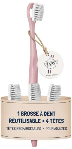 EHOP Brosse à Dent Rechargeable avec 4 Têtes de Rechange - Adulte, Brossette Souple Medium Feel Natural, Brosses Dents Manuelles, Gencive Sensible, Toothbrush Voyage, Fabriquée en France - Rose