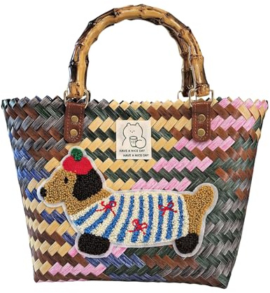 Korbtaschen Damen, Kunststoff Einkaufskorb mit Henkel, Strandtasche Stroh mit Dackel Muster, Basttasche für Sommer, Geflochten Handtasche für Picknick, Shopping, Urlaub