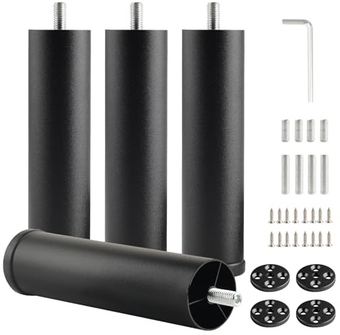 funifiti Metal Cylinder Legs for Furniture Set of 4 Pack Black 6 Inch Bed Support Legs Replacement M8 Screw in Table Legs Cabinet Foot Risers Couch Feet Extensions
