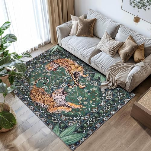 TUKDAK Waschbarer Teppich für Wohnzimmer 120×180cm, Grün Tiger Antirutsch Schlafzimmer Teppich mit Gummirücken, Weicher Kurzflor Kinderzimmer Rug, Boho Tier Carpet für Esszimmer Küchen Badezimmer