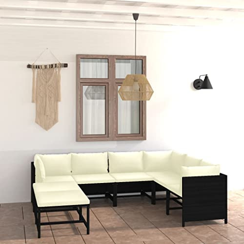 QJBSAVVA 8-TLG. Schwarz Polyrattan Lounge-Set 60x60x60 cm, cremeweiße Kissen, modular, Balkon-Garten-Terrasse