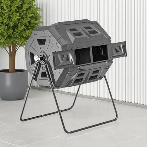 Cubo de compostaje de doble cámara de 160 l, compostador giratorio con termómetro, 2 puertas correderas y sistema de aireación para reciclaje eficiente de residuos de jardinería al aire libre