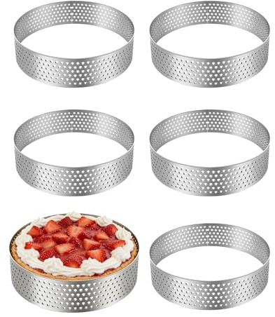 HX-pyahgtv, 6 stycken, mousse, tartelettformar, 10 cm perforerade dessertringar, crumpet ringar för mousse, tårtor, minikakor, pizzor, paj, quiche, högkvalitativa bakringar för matlagning och bakning