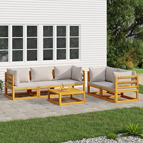 Mokuyary 6-TLG. Trädgårdsloungeset med ljusgrå kudde, massivt trä, trädgårdsmöbelset, utomhus, balkongset, terrassmöbler, trädgårdslounge, sittgrupp för terrass, balkong, trädgård – C