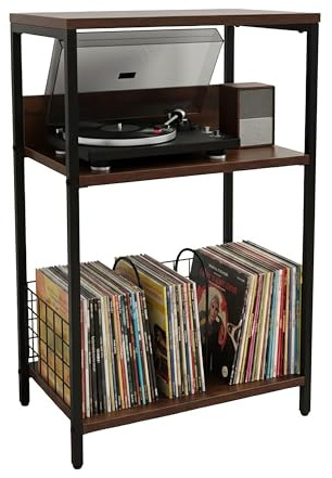 Relaxdays Plattenspieler Tisch, 3 Ebenen, Trennwände, 65x40x30 cm, Eisen, MDF, Schallplattenspieler Regal, braun/schwarz