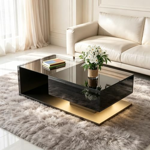 Calivra Tavolino da salotto con illuminazione a LED, 105 x 55 cm, colore nero lucido, moderno tavolino da salotto con piano in vetro, vano portaoggetti e luce LED RGB, elegante tavolino da salotto per