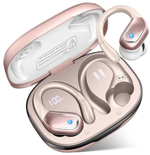 Wireless Headphones, Sports Earbuds with Earhooks for Running Gym Workout | 75Hrs HiFi Stereo Ear Buds, 4 ENC Noise Cancelling Mic, USB-C, IP7 Waterproof Bluetooth Earphones, for Android iOS, Rose Gold