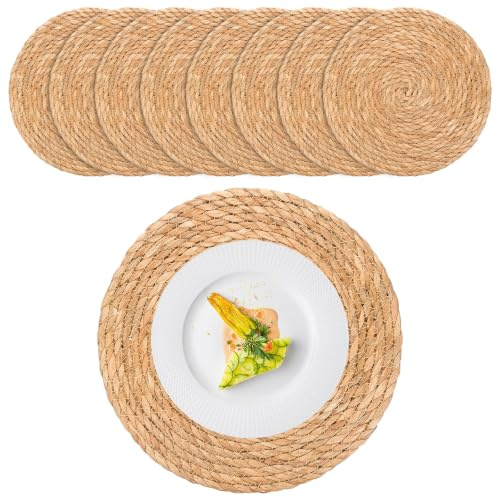 DASIAUTOEM Set di 8 tovagliette rotonde intrecciate in giacinto d'acqua naturale, fatte a mano, in paglia intrecciata, per tavolo da pranzo, cucina (30 cm)