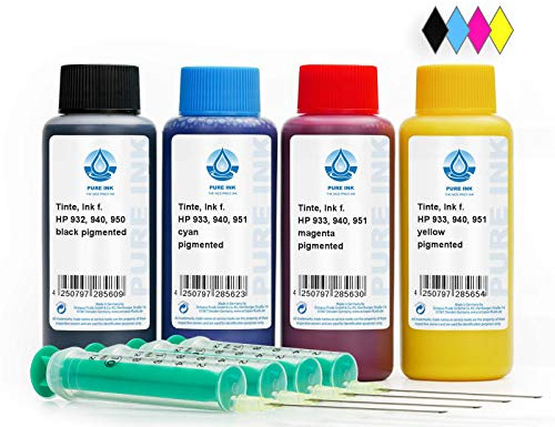 Pure Ink 4X 100 ml CMYK Druckertinte Nachfülltinte kompatibel für Patrone HP 932, 933, 940, 950, 951 Refill Set mit Zubehör und Nachfüllanleitung