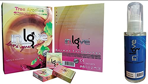 Preservativos In Love Condoms 144x48x3 Gruesa Expendedora 3 Aromas + Lubricante In Love Condoms 100ml de regalo