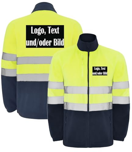 Personalisierte Warnschutz Fleecejacke Herren – Arbeitsjacke mit Logo selbst gestalten – Warnschutzjacke Reflektierend – Hi Vis Arbeitsfleece Gelb/Orange