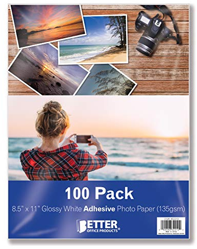Better Office Products Self-Adhesive Photo Paper, Sticky Photo Paper, Glossy, 8.5 x 11 Inch, 100 Sheets, 135 gsm, Letter Size, 100 Count Pack