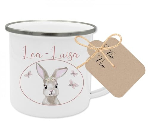 Manufaktur Liebevoll Emaille Tasse Kinder Geschenk personalisiert Kindertasse Hase Geschenk mit Name Kinder Geburtstagsgeschenk Tasse (Motiv “Lea Hase”)
