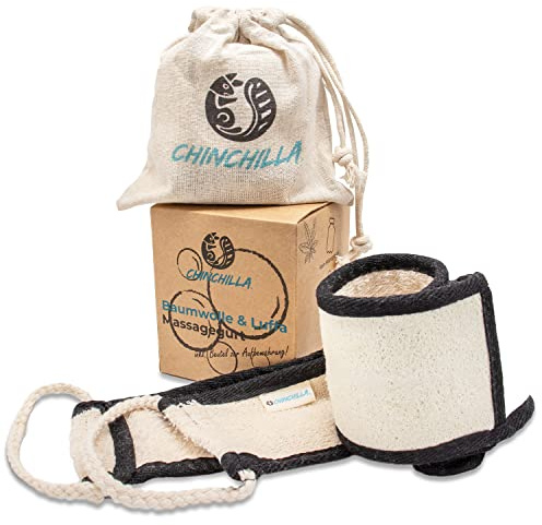 Massagegurt Luffa Schwamm & Baumwolle | Rückenschrubber im kleinen Format für Körperpeeling & sanfte Rückenmassage | Körperbürste für Dusche & Wellness | inkl. Beutel zur Aufbewahrung