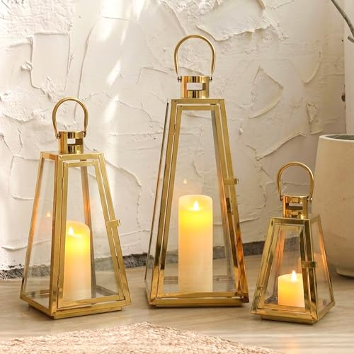TRIROCKS 3er-Set Edelstahl Kerzenlaterne 54/40/27,5 cm Hoch Metall Kerzenhalter Für Draußen Dekorative Hängelaterne Mit Gehärtetem Glas Für Zuhause Wohnzimmer Partys Innen (Gold)