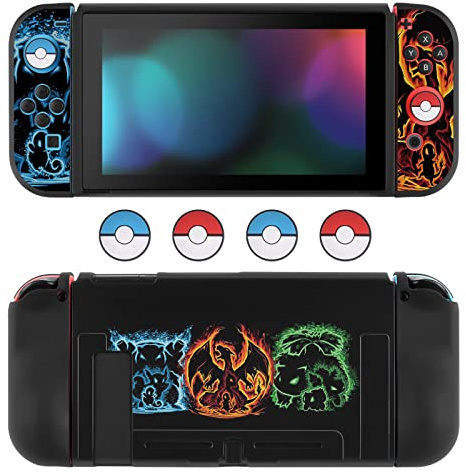 DLseego Cartoon Monster Switch Protective Case Cool Soft TPU Shell Shockproof Scratch Resistant Cover Joy-C Japanese Amine Skin with 4PCS Blue and Red Balls Thumb Grips Caps for Switch 2017 Version