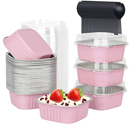 LNYZQUS Mini Cake Pans with Lids and Spoons,10oz Disposable Small Foil Baking Tins,40 Pack Individual Cake Containers for Home Bakers Bake Sales-Pink,4x4 Square