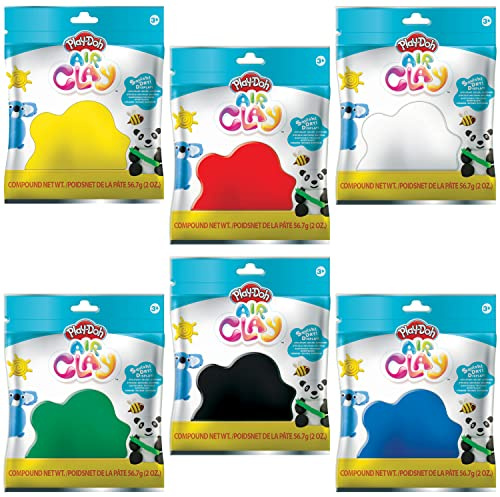 Play-Doh Air Clay Modelliermasse, 60 ml, 6 Stück (weiß, blau, rot, grün, gelb, schwarz), keine Duplikate, eine von jeder Farbe
