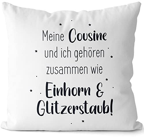 JUNIWORDS Kissen, Meine Cousine und ich gehören zusammen wie Einhorn & Glitzerstaub!, Weiß-Hellblau, 2-farbig (1008692)