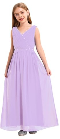 iEFiEL Mädchen Kleid Festlich Lang Kinder Kleidung Hochzeit mit Perlen Schleife Blumenmädchenkleid Prinzessin Kleid Chiffonkleid
