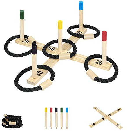 SUBTLETY Ringwurfspiel aus Holz Wurfspiel Set mit 5 Wurfringe und 5 Spielstäben Outdoor Holzspiel Gartenspielzeug für Kinder & Erwachsener Ringwurf Spielezeug für Garten Familienfeiern Party